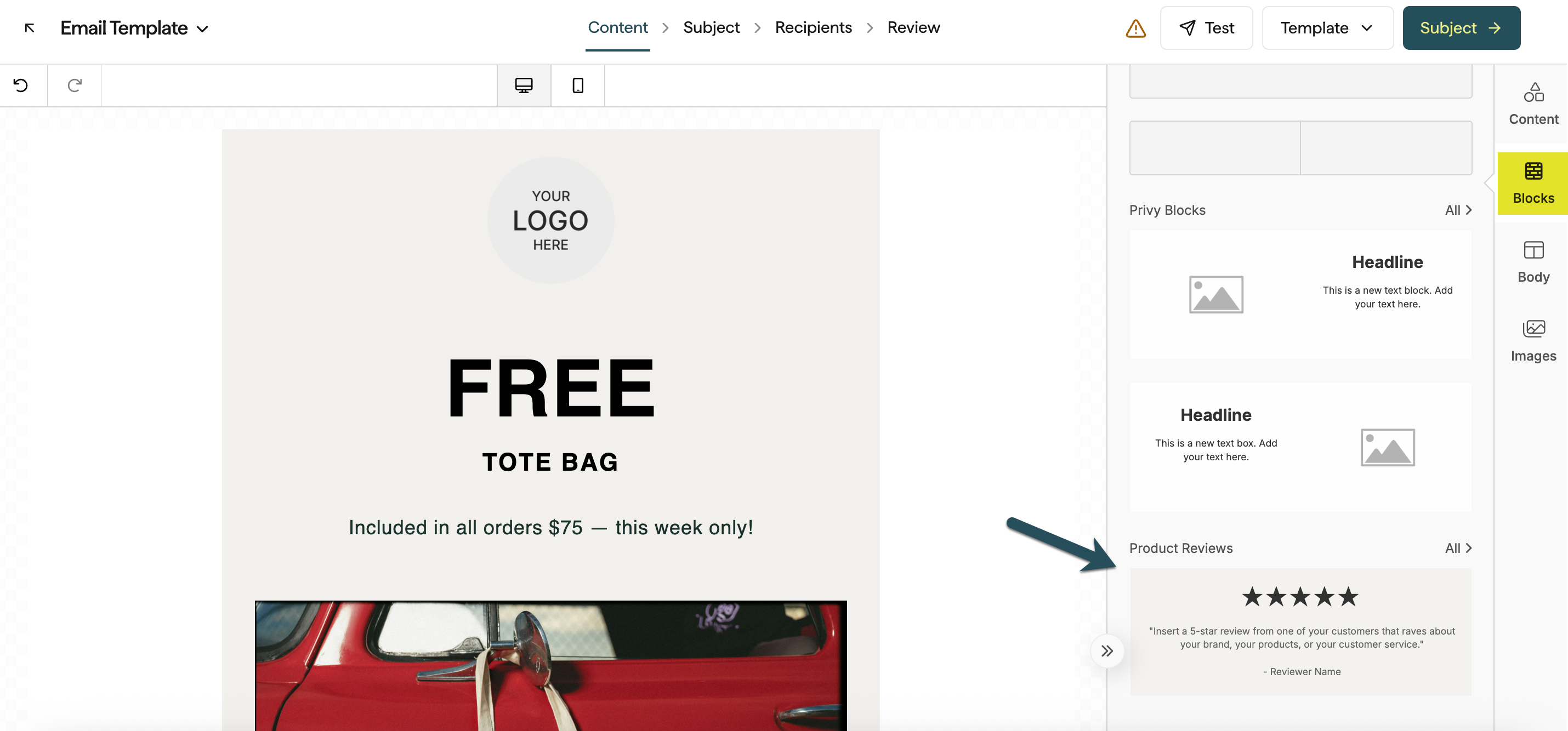 Screenshot of Privy's email editor pointing out where to find saved blocks