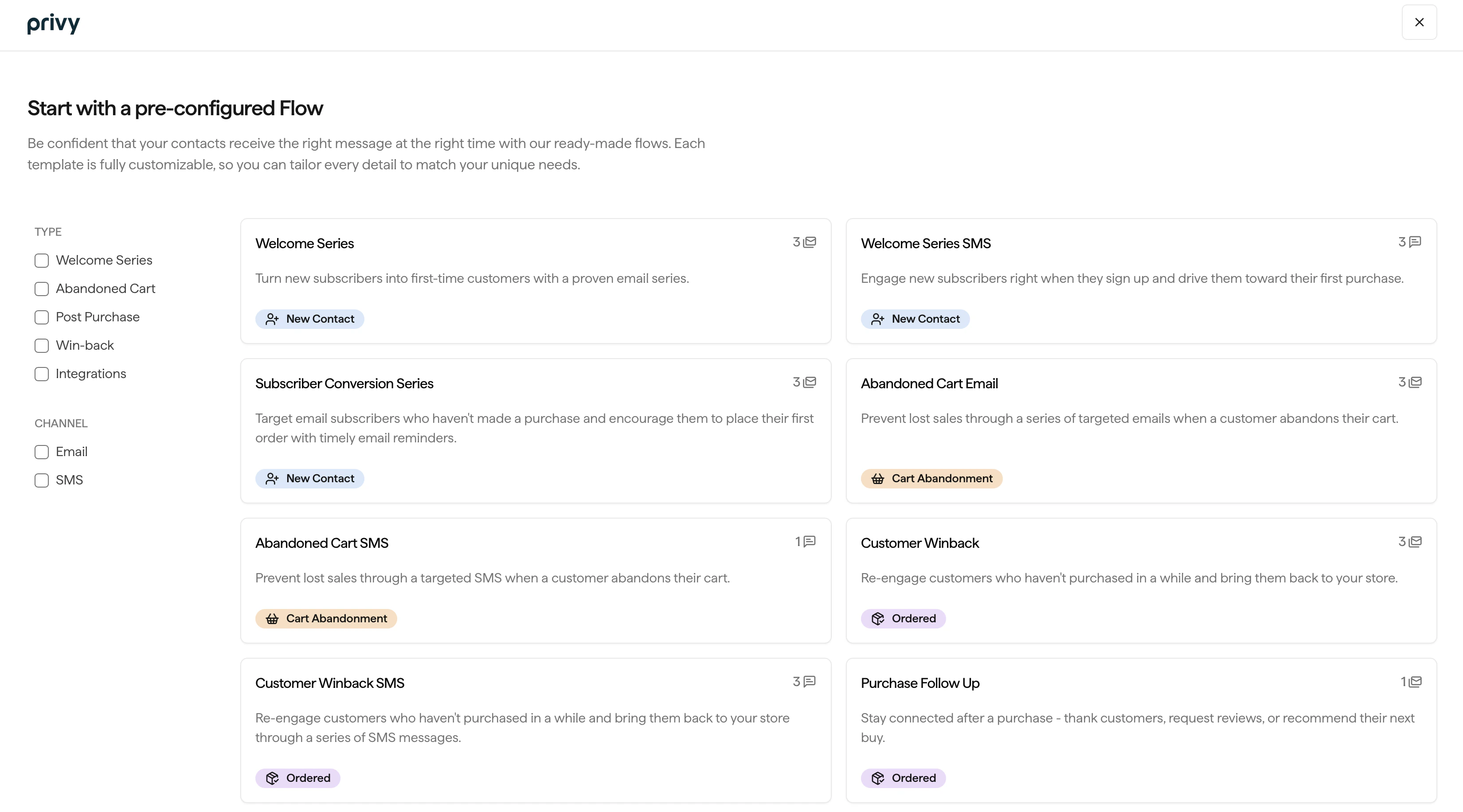 Screenshot showing the flow template picker with all available flow templates
