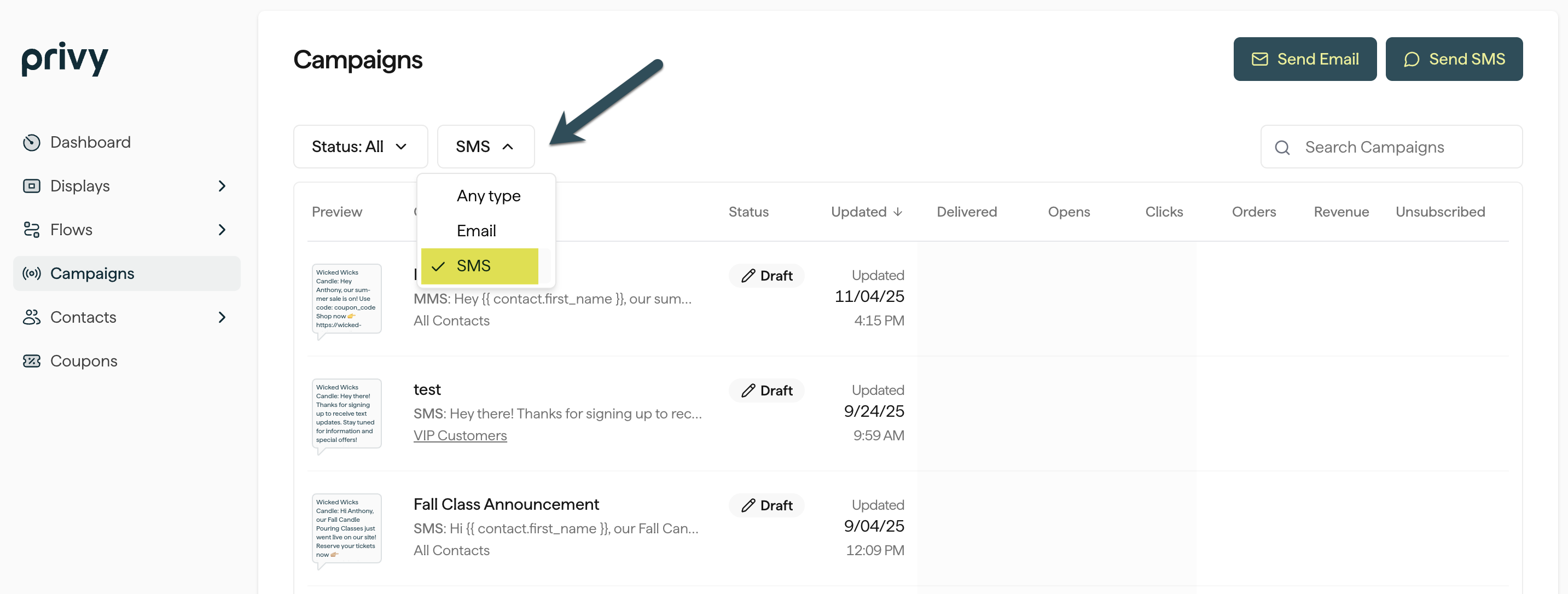 Screenshot showing how to filter Campaigns by SMS