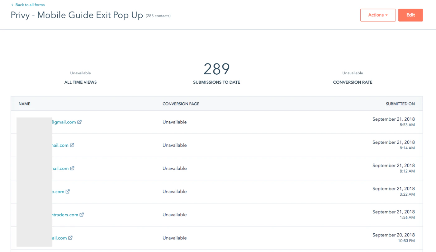 Screenshot showing where to find your Privy display results within your Hubspot account