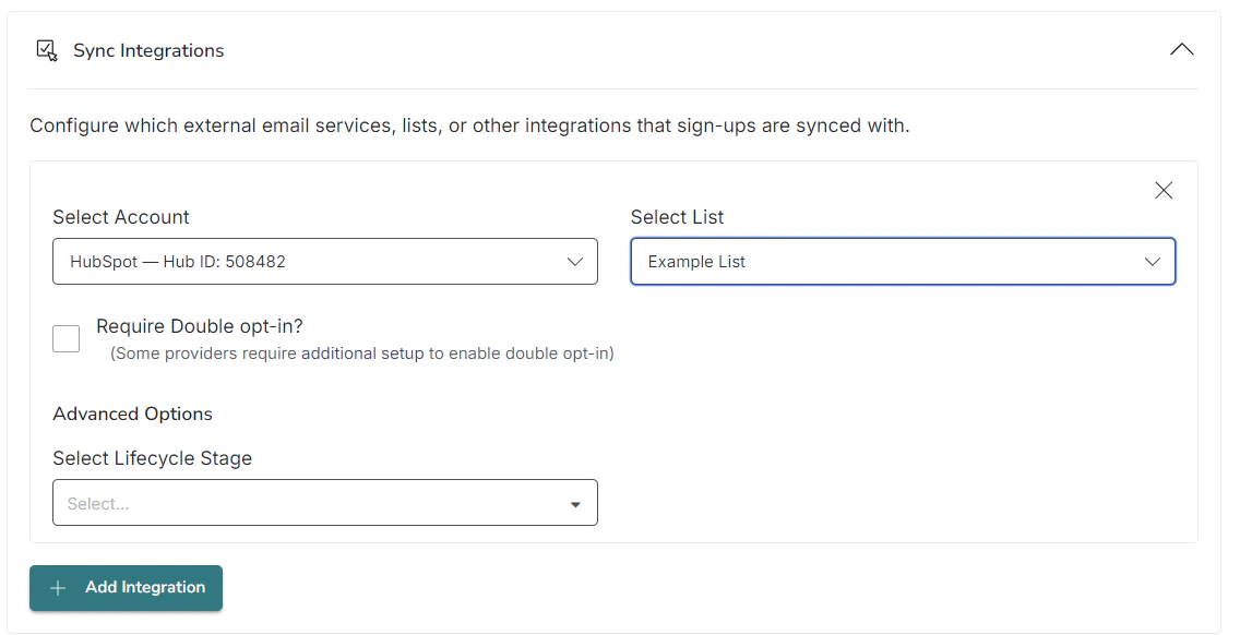 Screenshot showing where and how to add a rule to sync signups to Hubspot in your display settings
