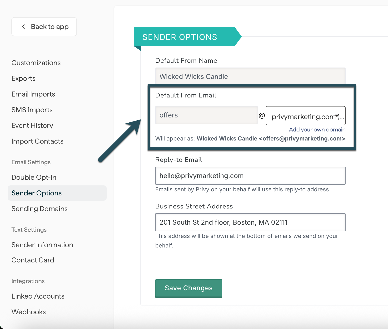 Screenshot showing how to change a default from address in Privy settings