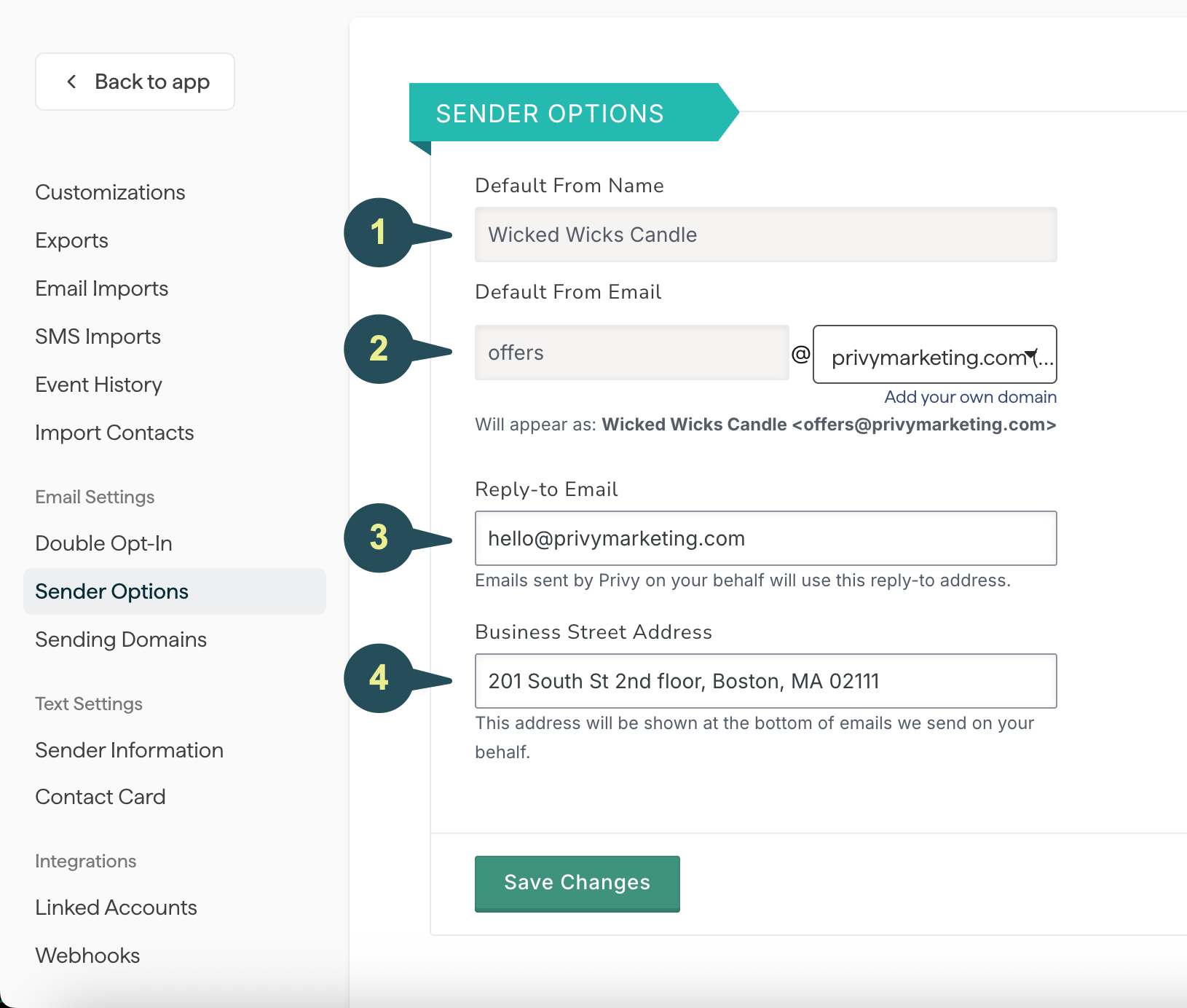 Screenshot showing Privy's Sender Options settings page