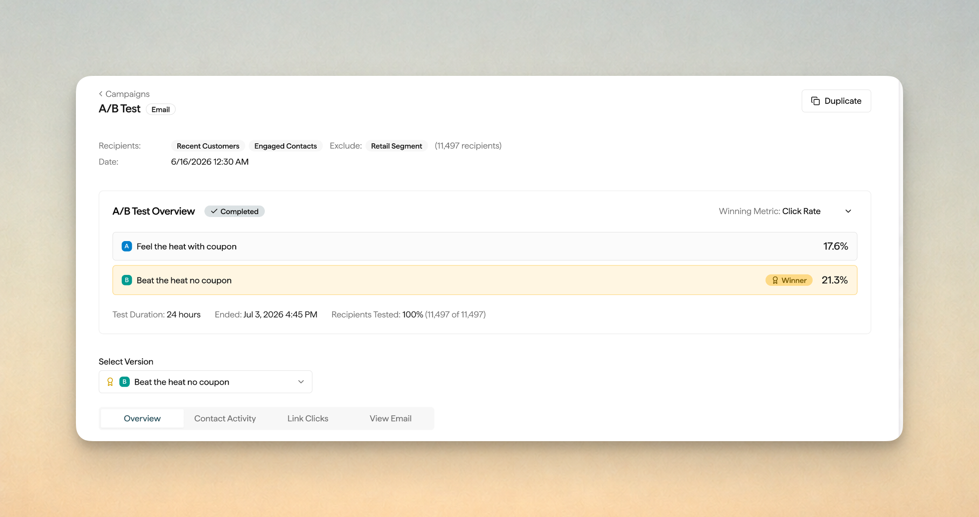 Screenshot of completed A/B test showing Version B as winner with 21.3% click rate