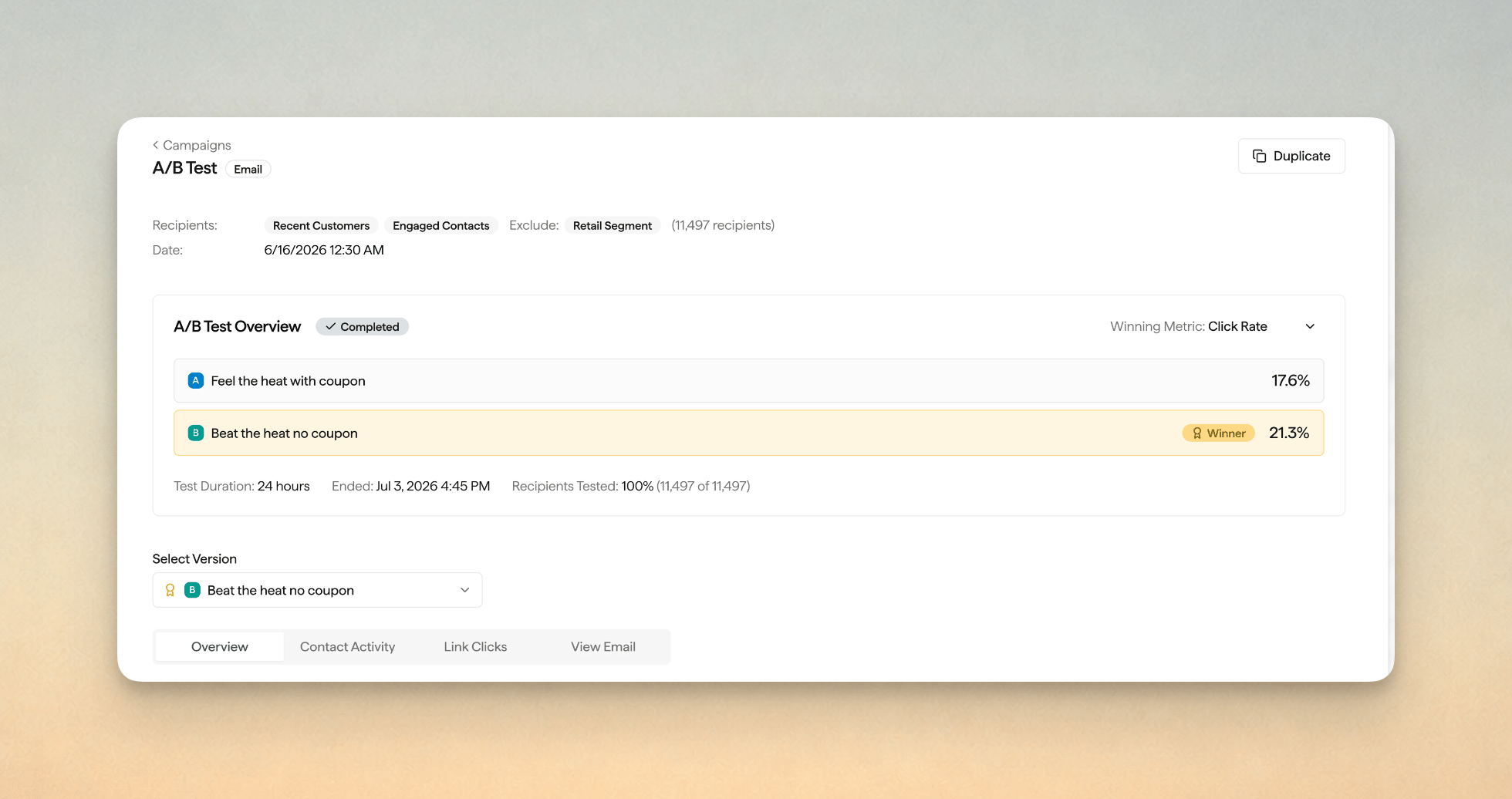 Screenshot of completed A/B test showing Version B as winner with 21.3% click rate