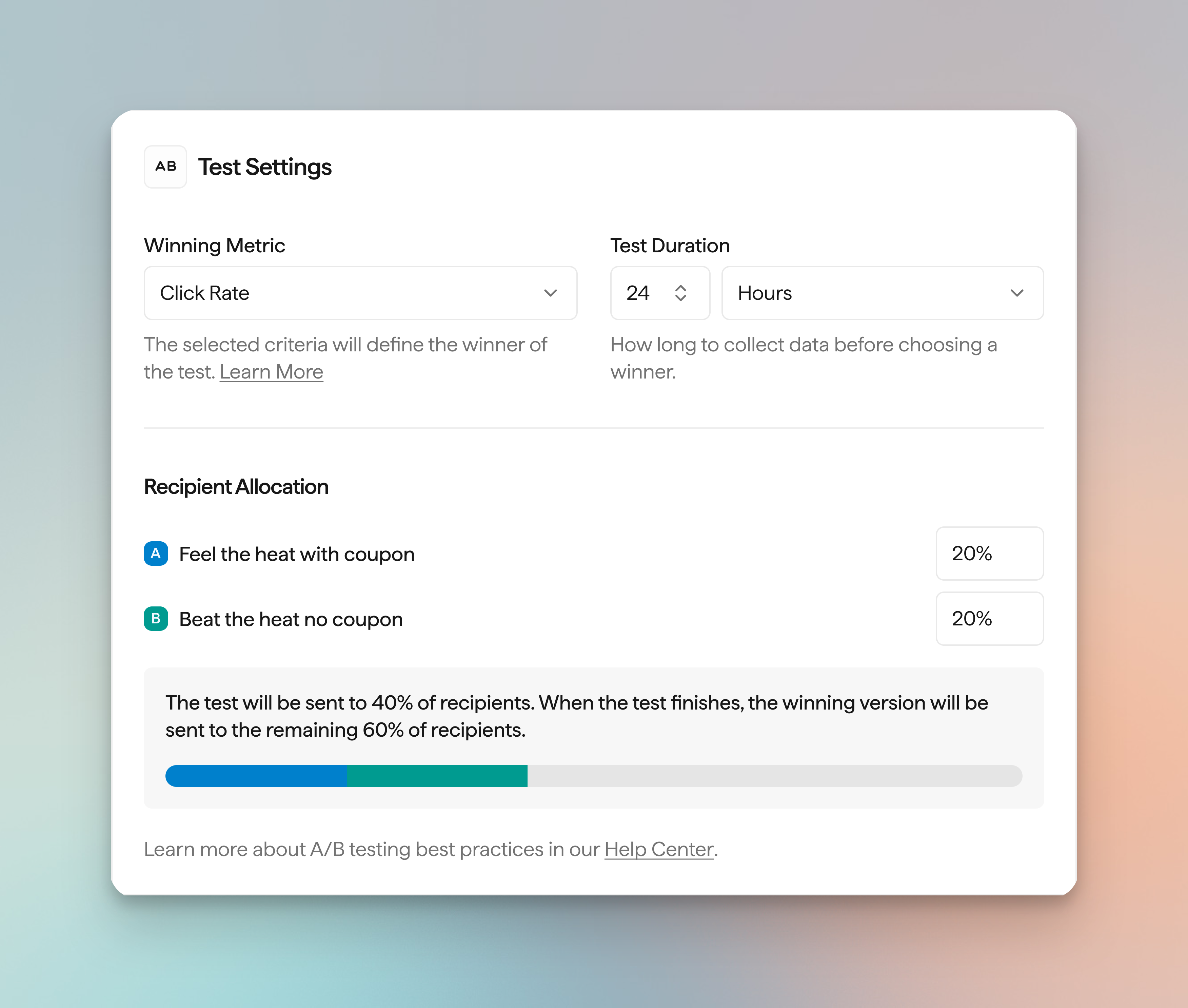 Screenshot of Test Settings in an email campaign A/B test