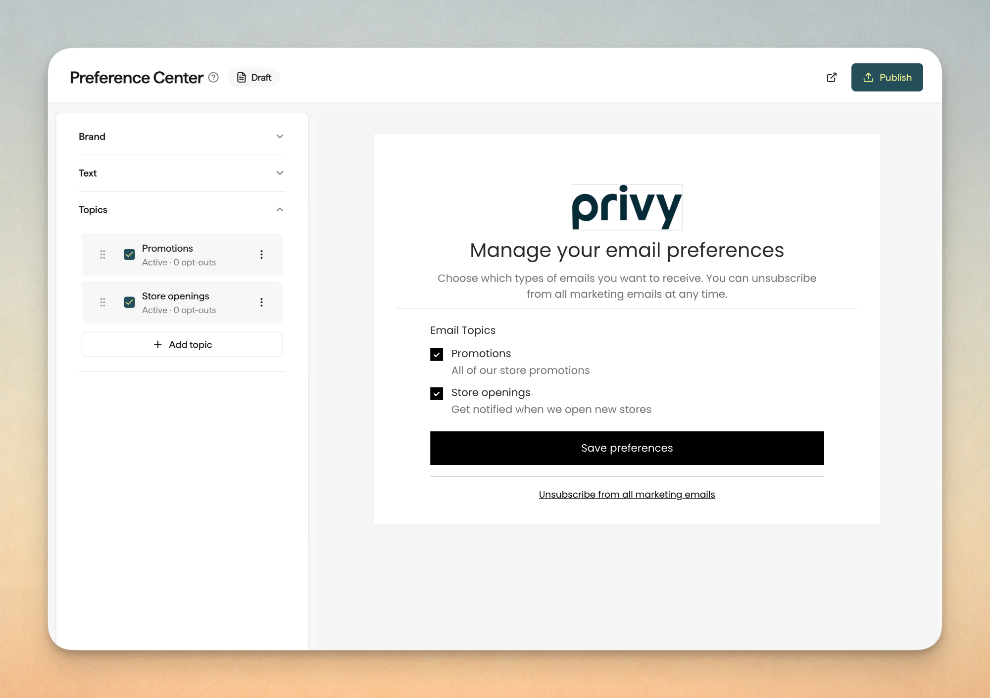 Preference Center draft editor with Promotions and Store openings topics and a hosted page preview for Manage your email preferences