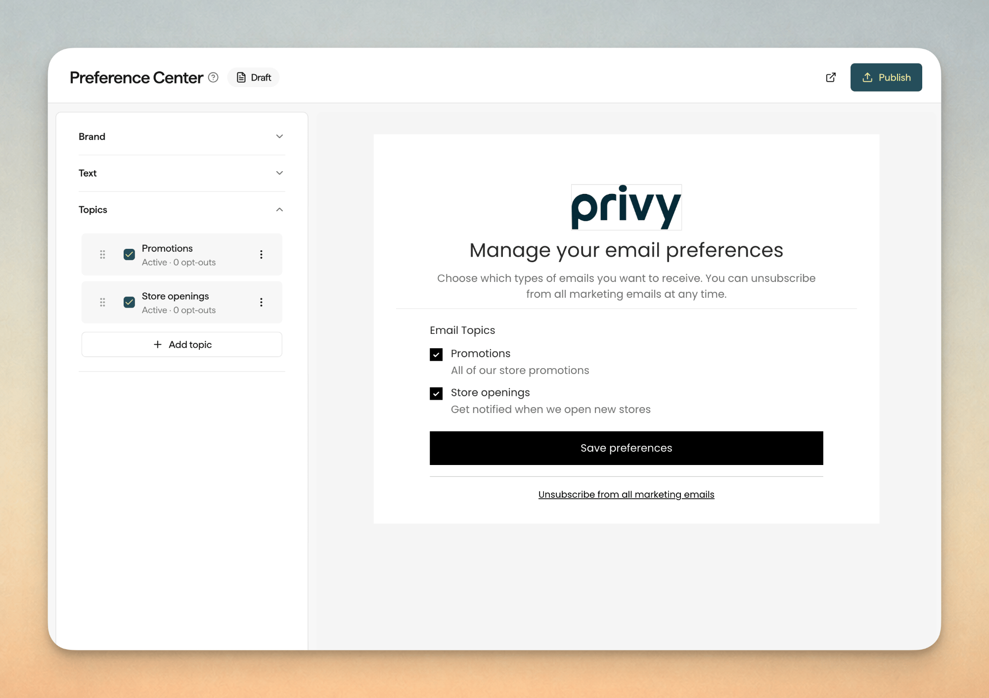 Preference Center draft editor with Promotions and Store openings topics and a hosted page preview for Manage your email preferences