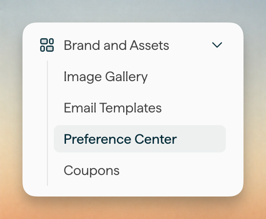Brand and Assets menu with Preference Center selected