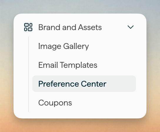 Brand and Assets menu with Preference Center selected