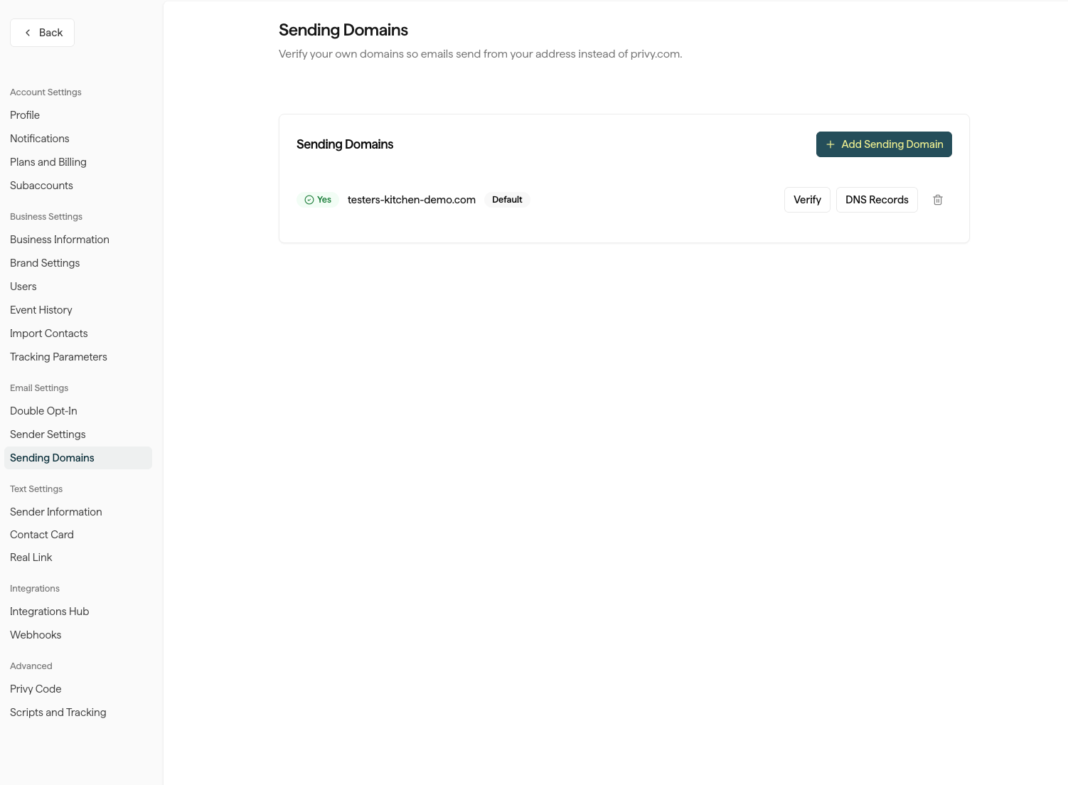 A verified sending domain on the Sending Domains page in Privy settings