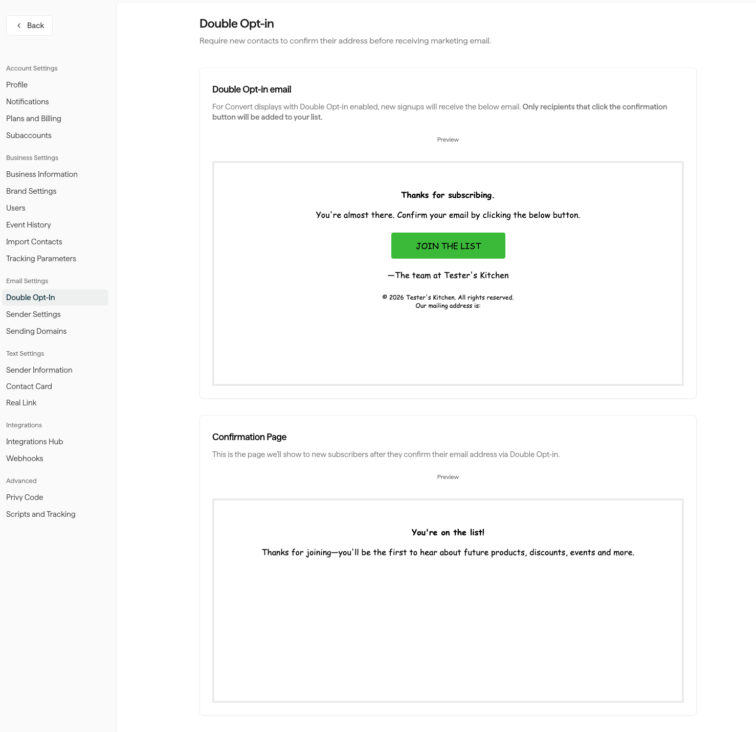 The Double Opt-In settings page showing the confirmation email and page previews