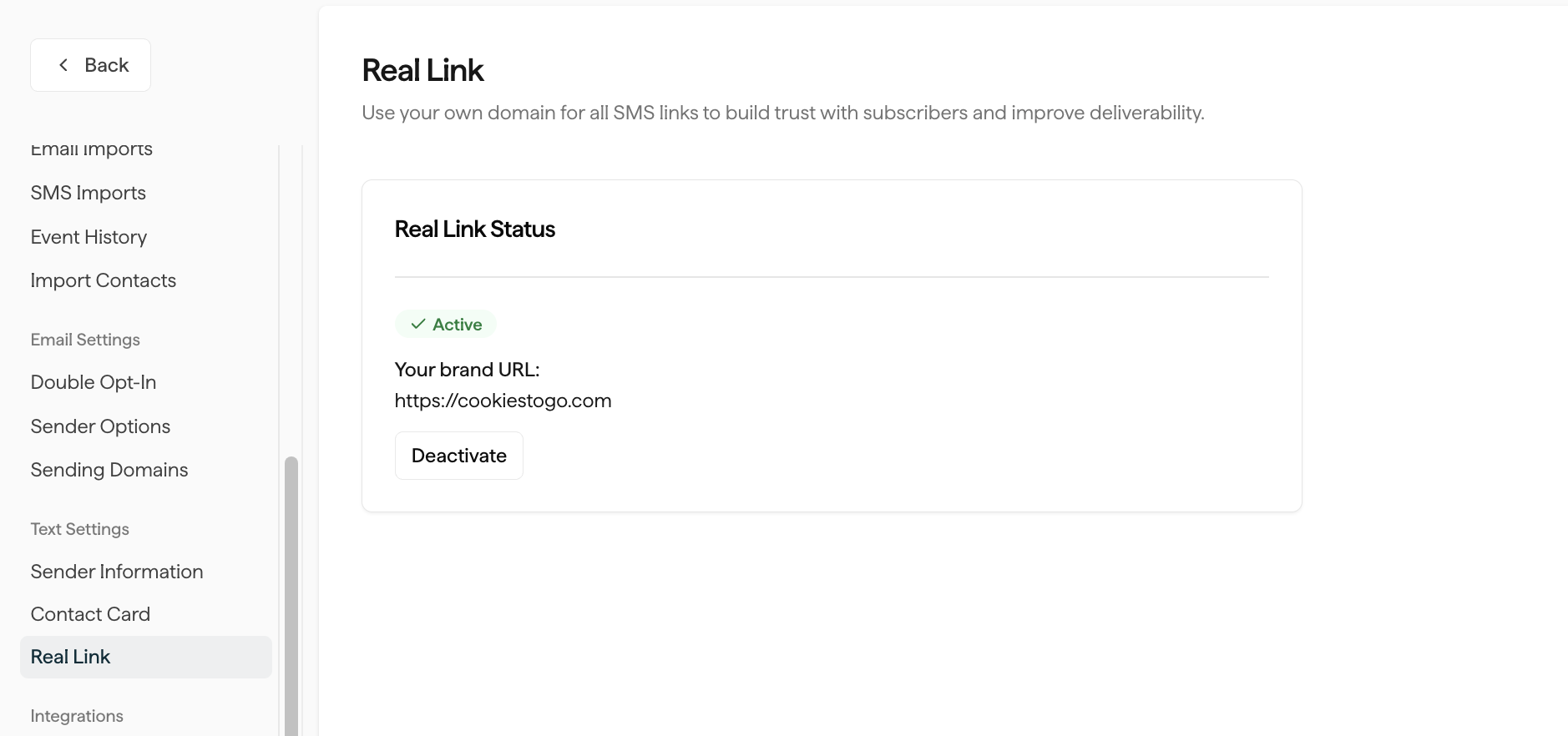 Real Link settings page showing active status with brand URL
