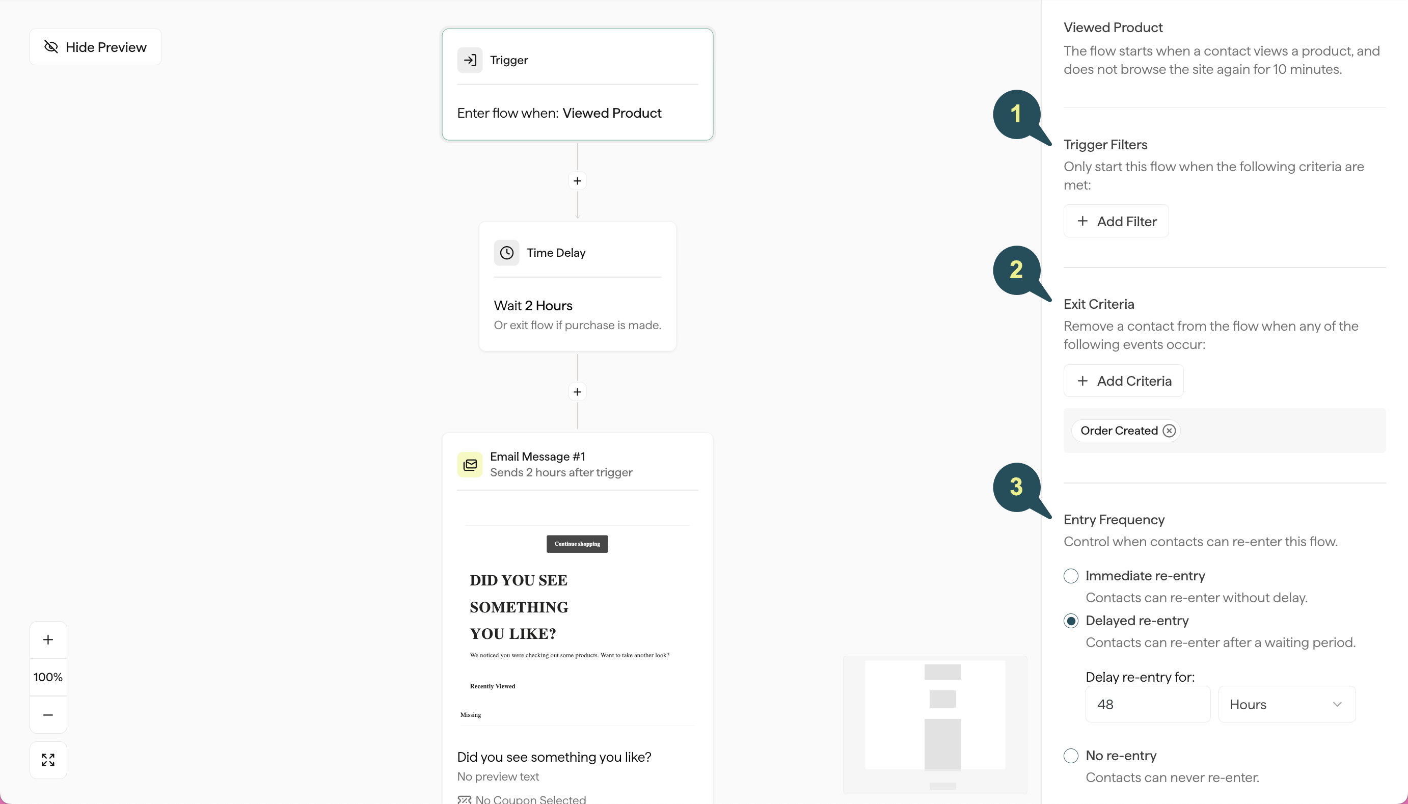 Screenshot pointing out an Browse Abandonment Flow's trigger filters, exit, and entry criteria