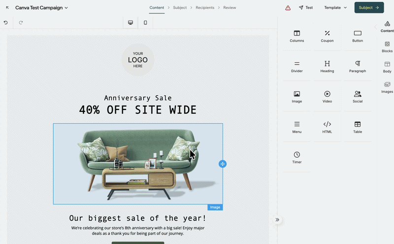 Screen recording showing how to select an image block, click Design on Canva, and insert a Canva design into the email
