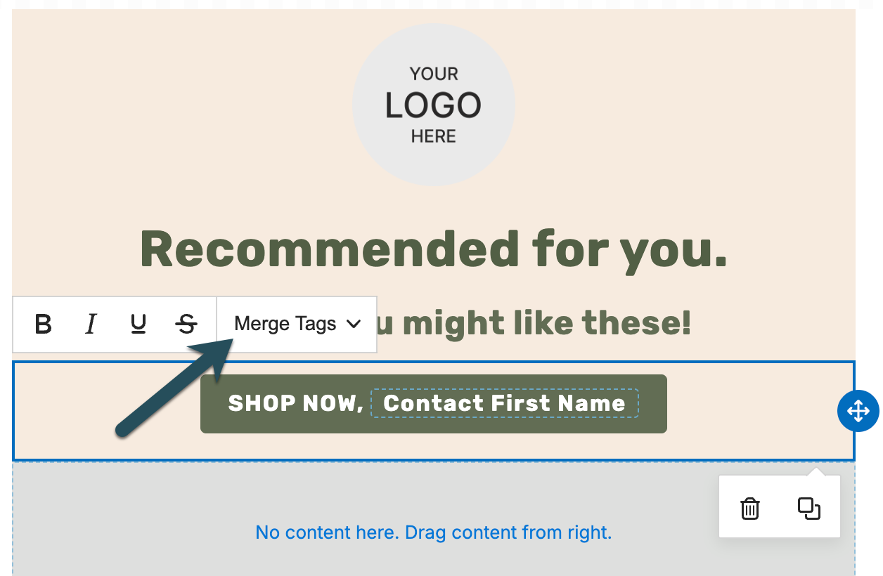 Screenshot showing how to insert a merge tag into a button element