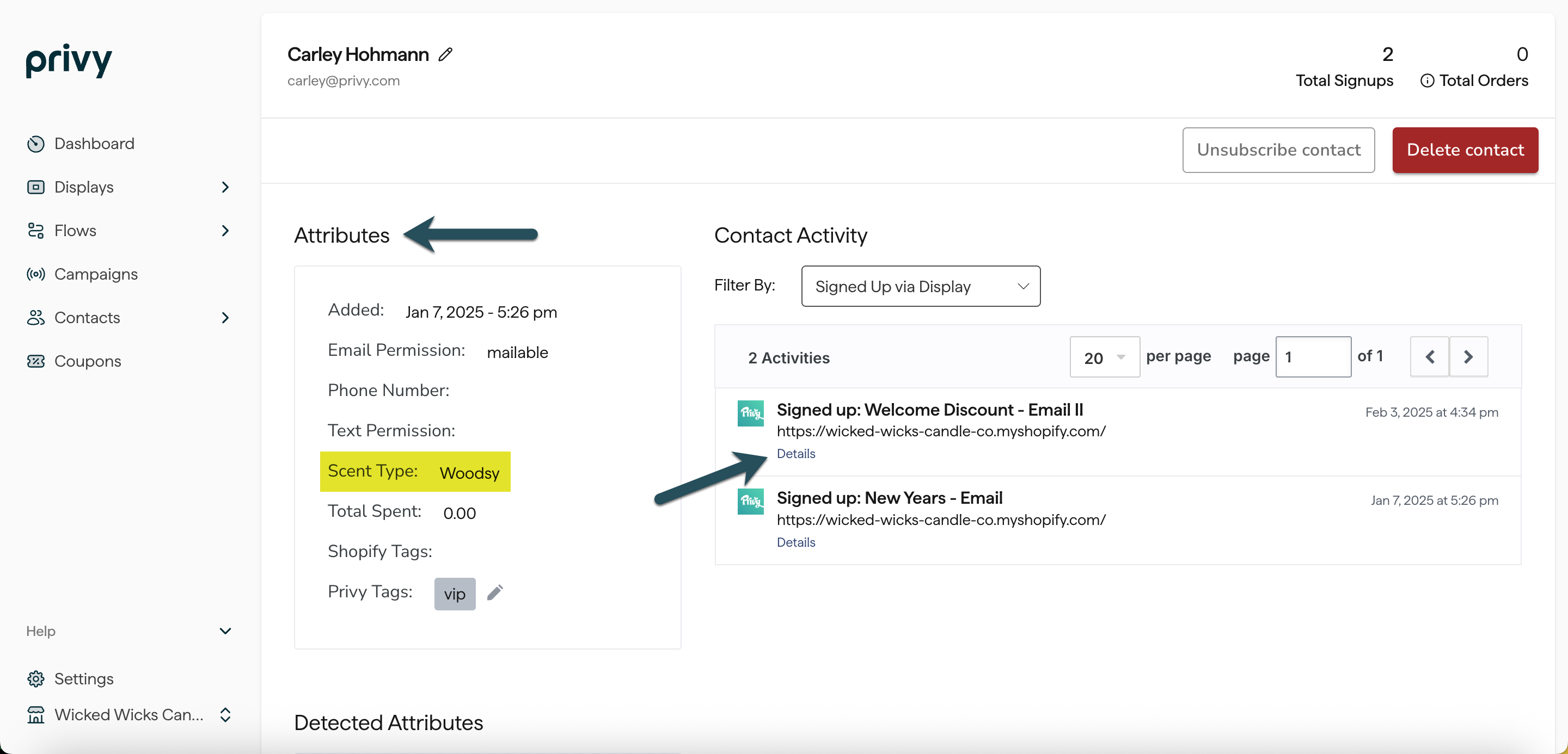Screenshot showing where you can find collected profile attributes on a contact's profile