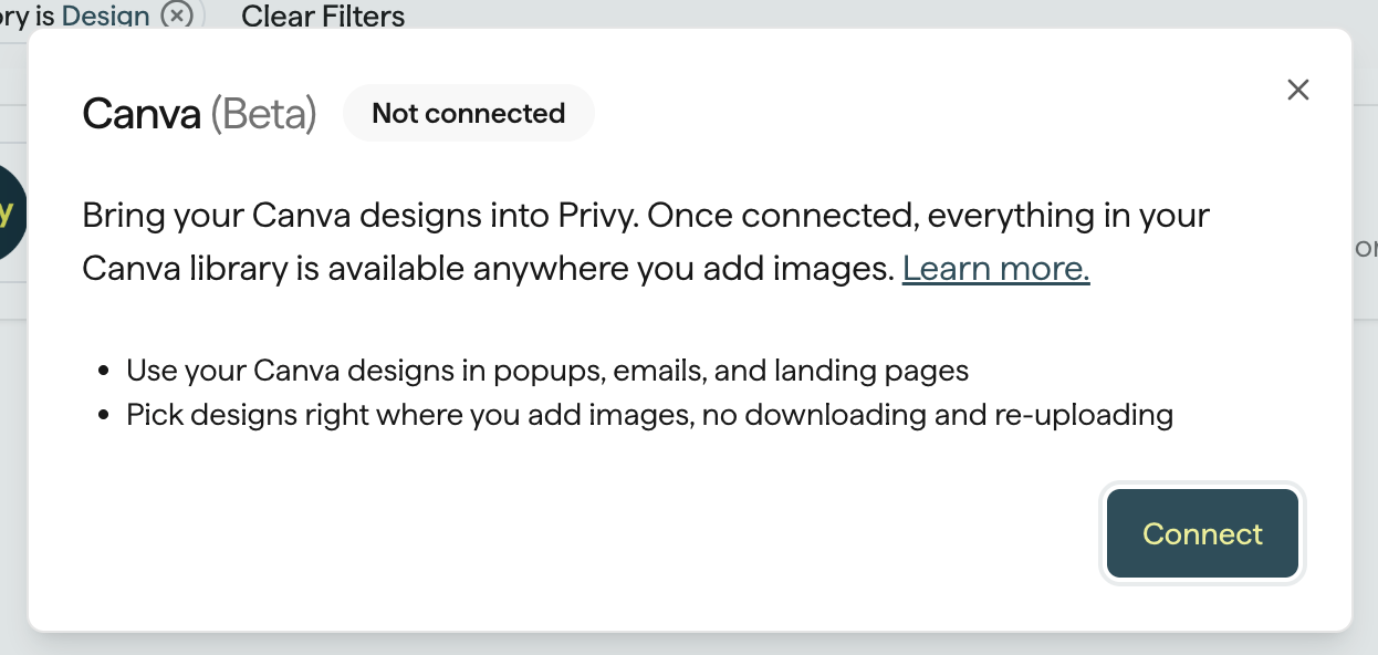 Canva integration connect dialog in the Integrations hub
