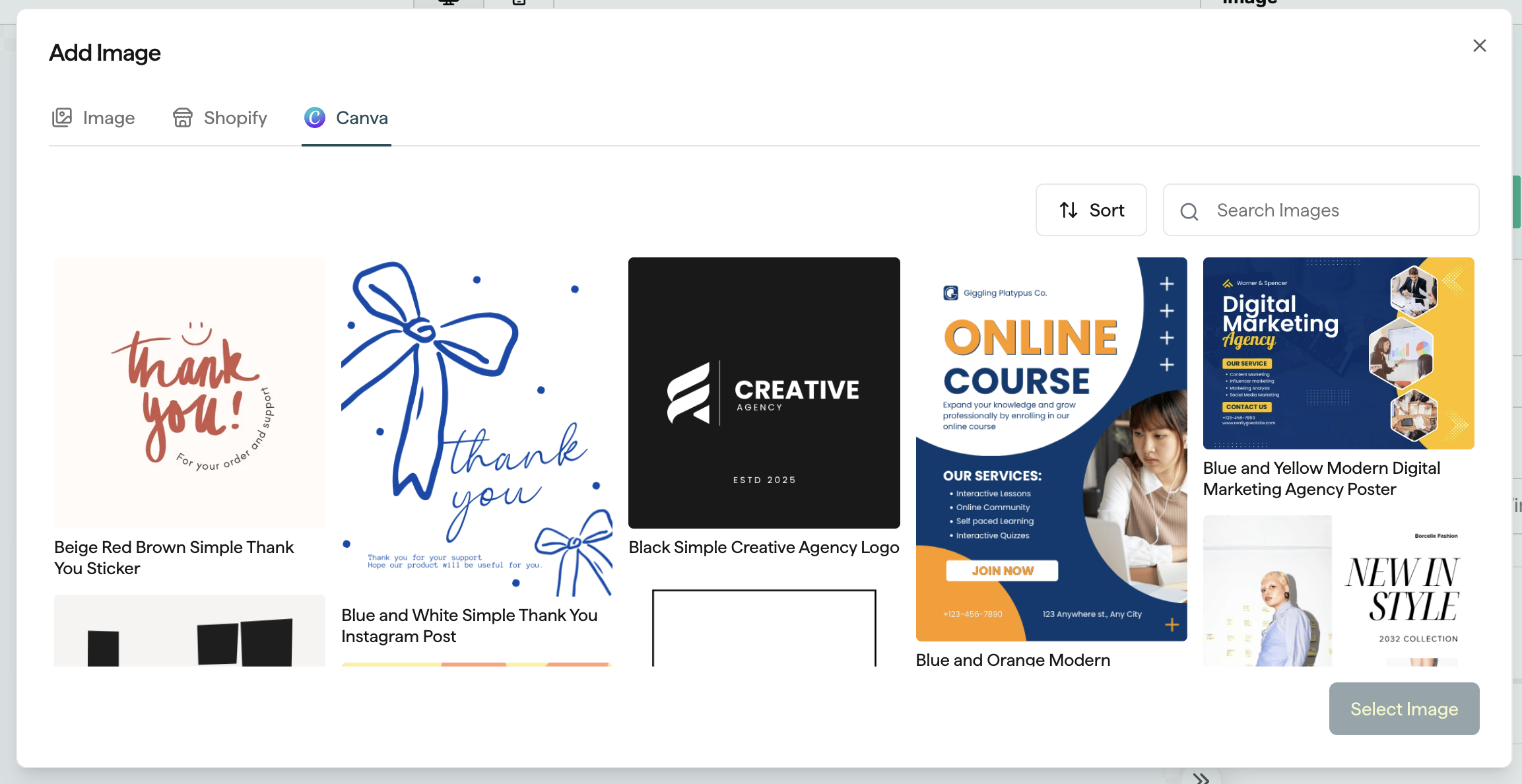 Add Image dialog with the Canva tab active, showing a grid of Canva designs