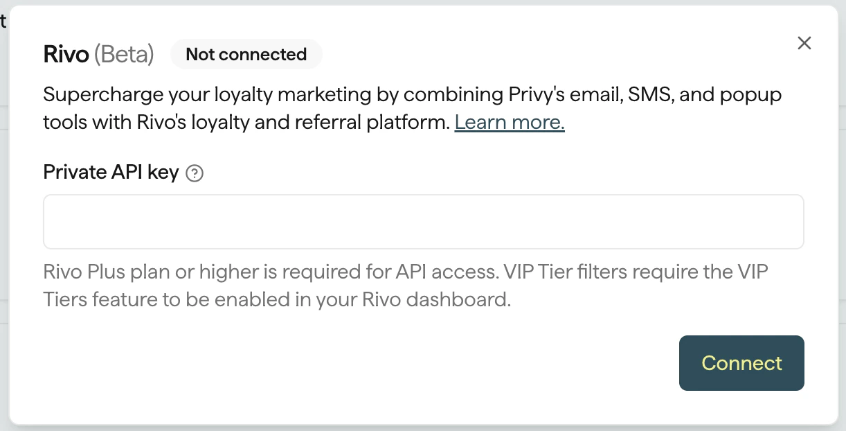 Rivo integration connection modal showing the Private API key field and Connect button