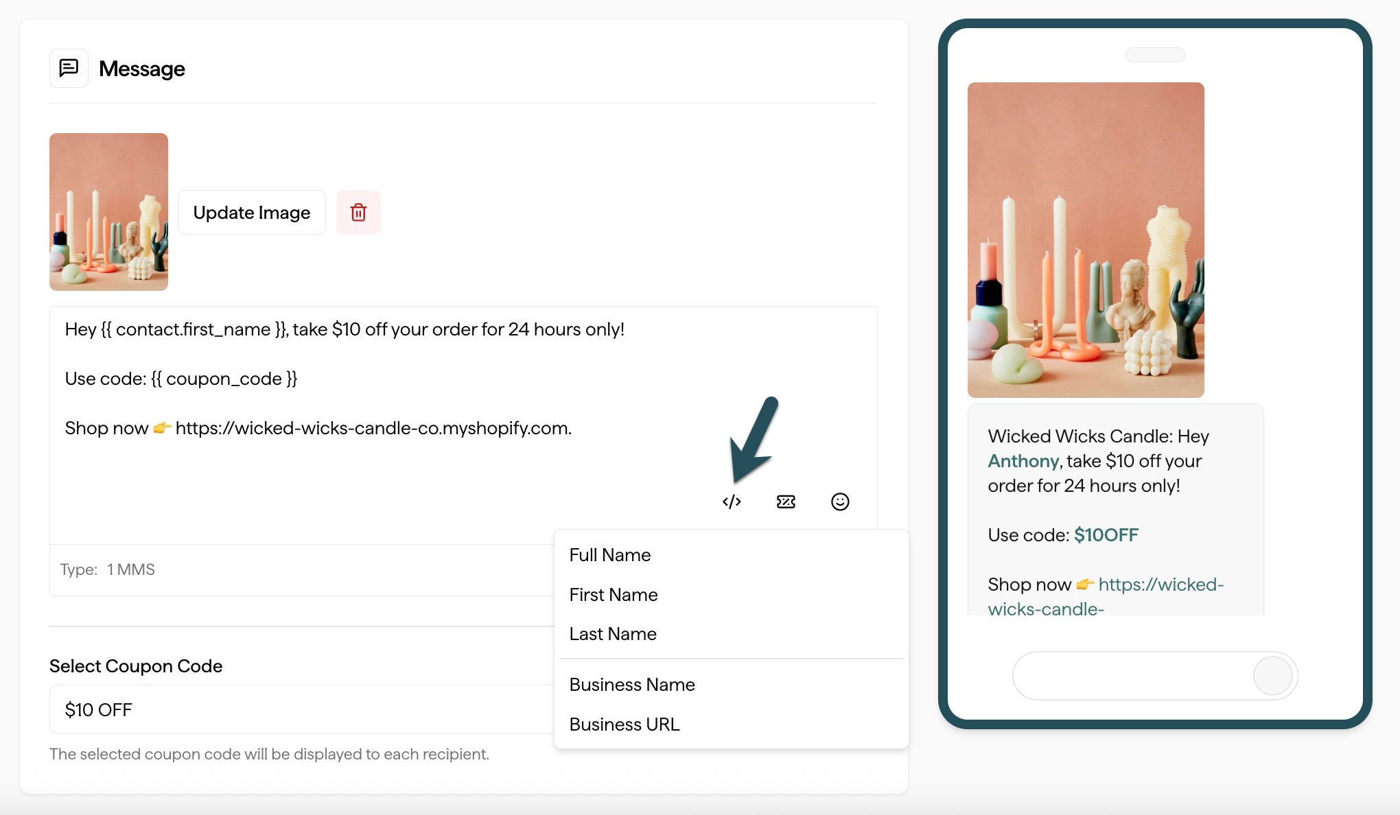 Screenshot showing how to add a merge tag within an SMS message
