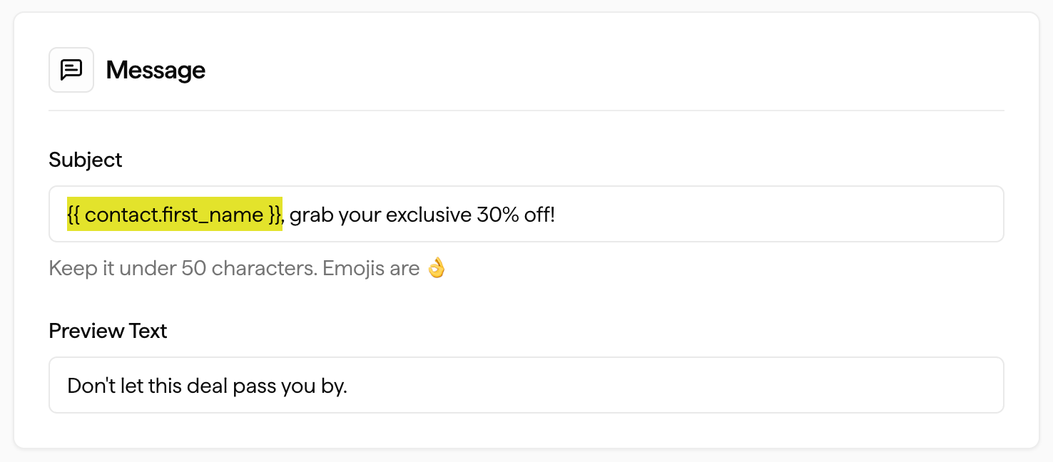 Screenshot showing how to add a merge tag within a Subject Line