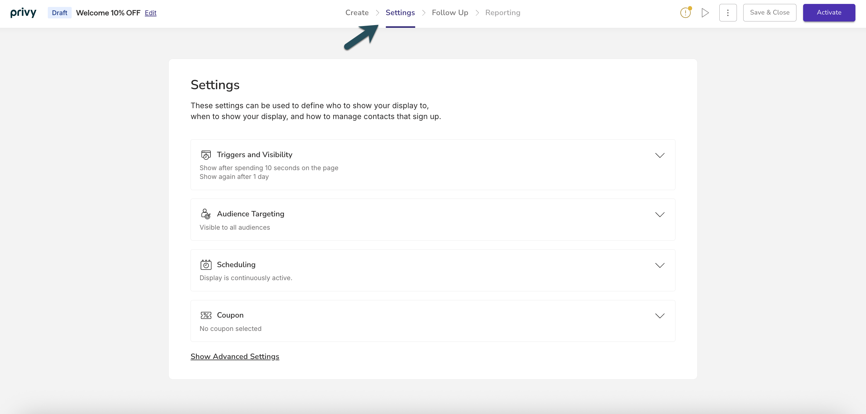 Screenshot showing the settings tab in the display builder