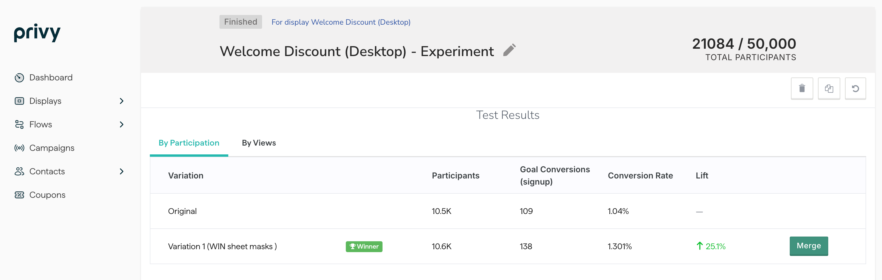 Screenshot showing the results of a completed A/B Test