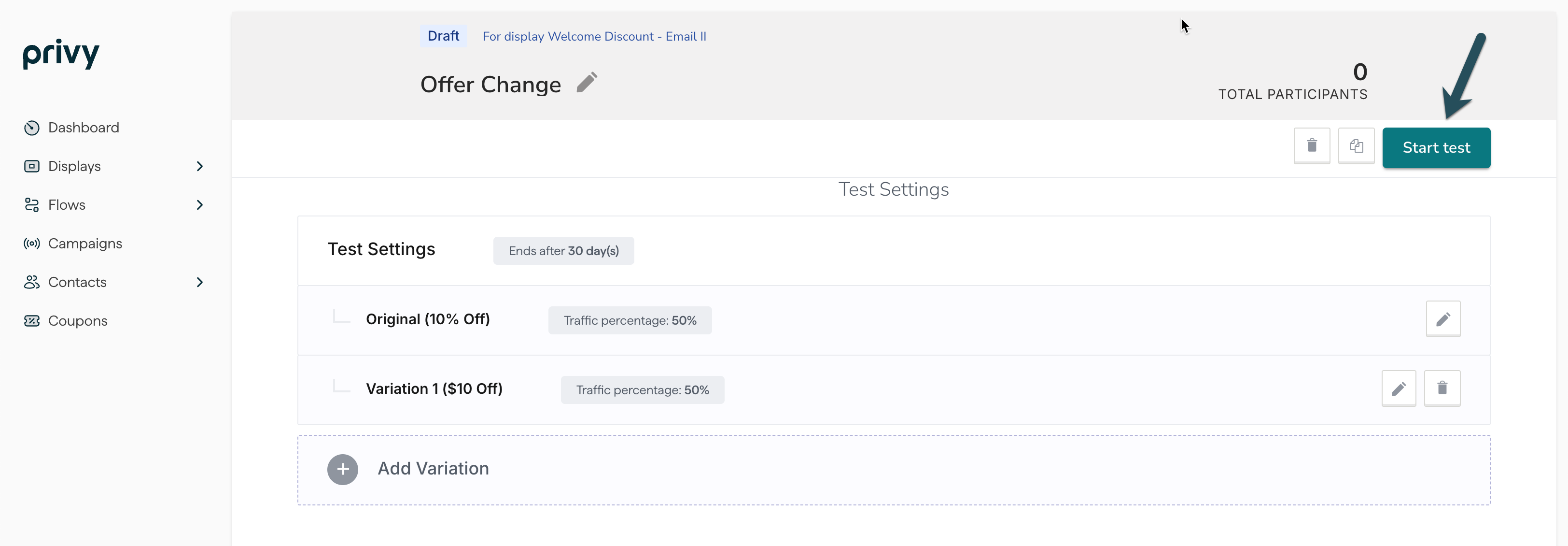 Screenshot showing where to start a new A/B Test