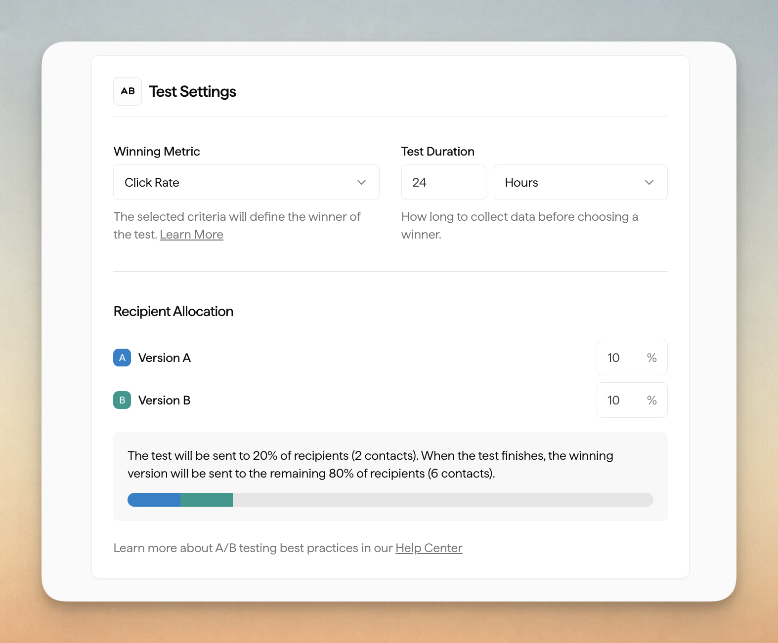 SMS AB Test Settings