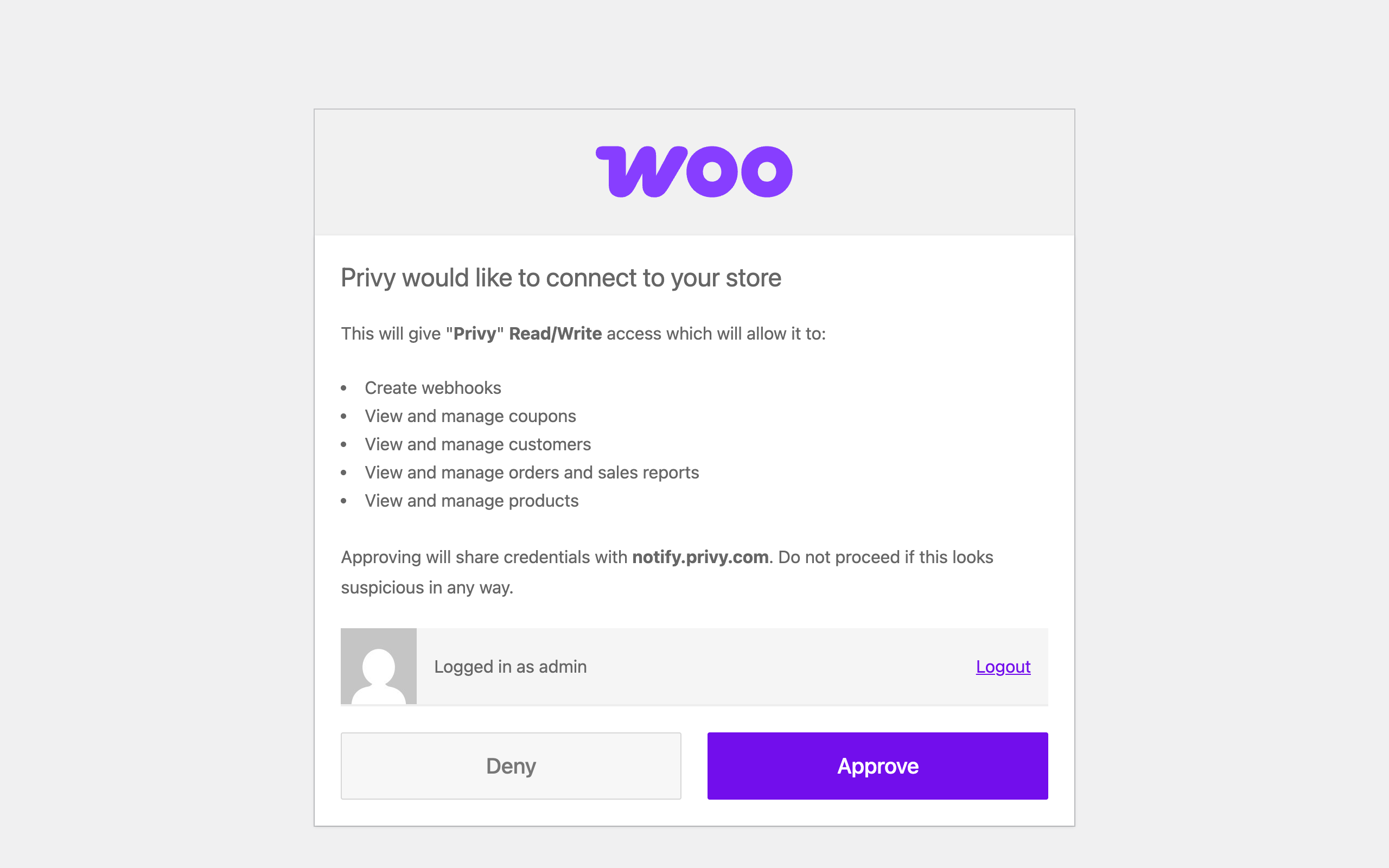 Screenshot of the WooCommerce screen asking you to approve Privy's connection to your store