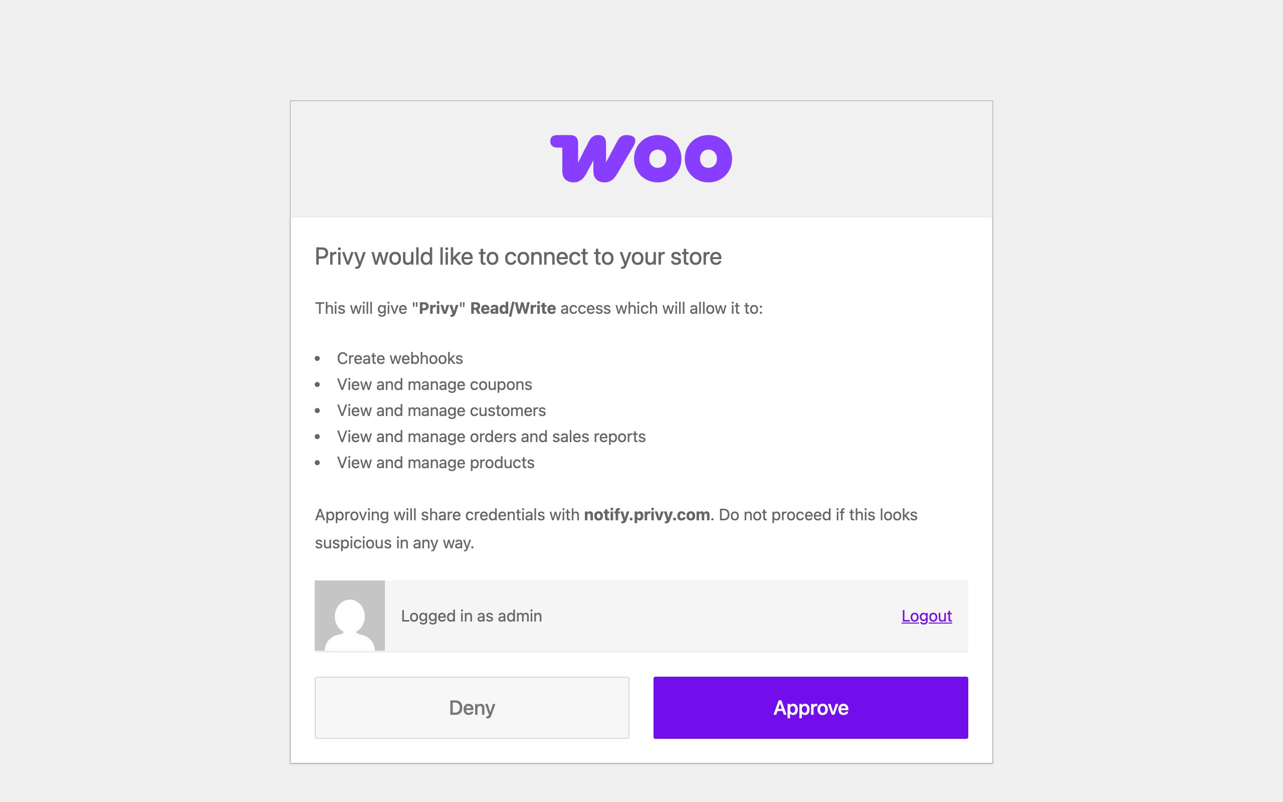 Screenshot of the WooCommerce screen asking you to approve Privy's connection to your store