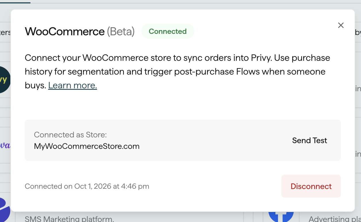 Screenshot of the WooCommerce integration in Privy showing the store as connected