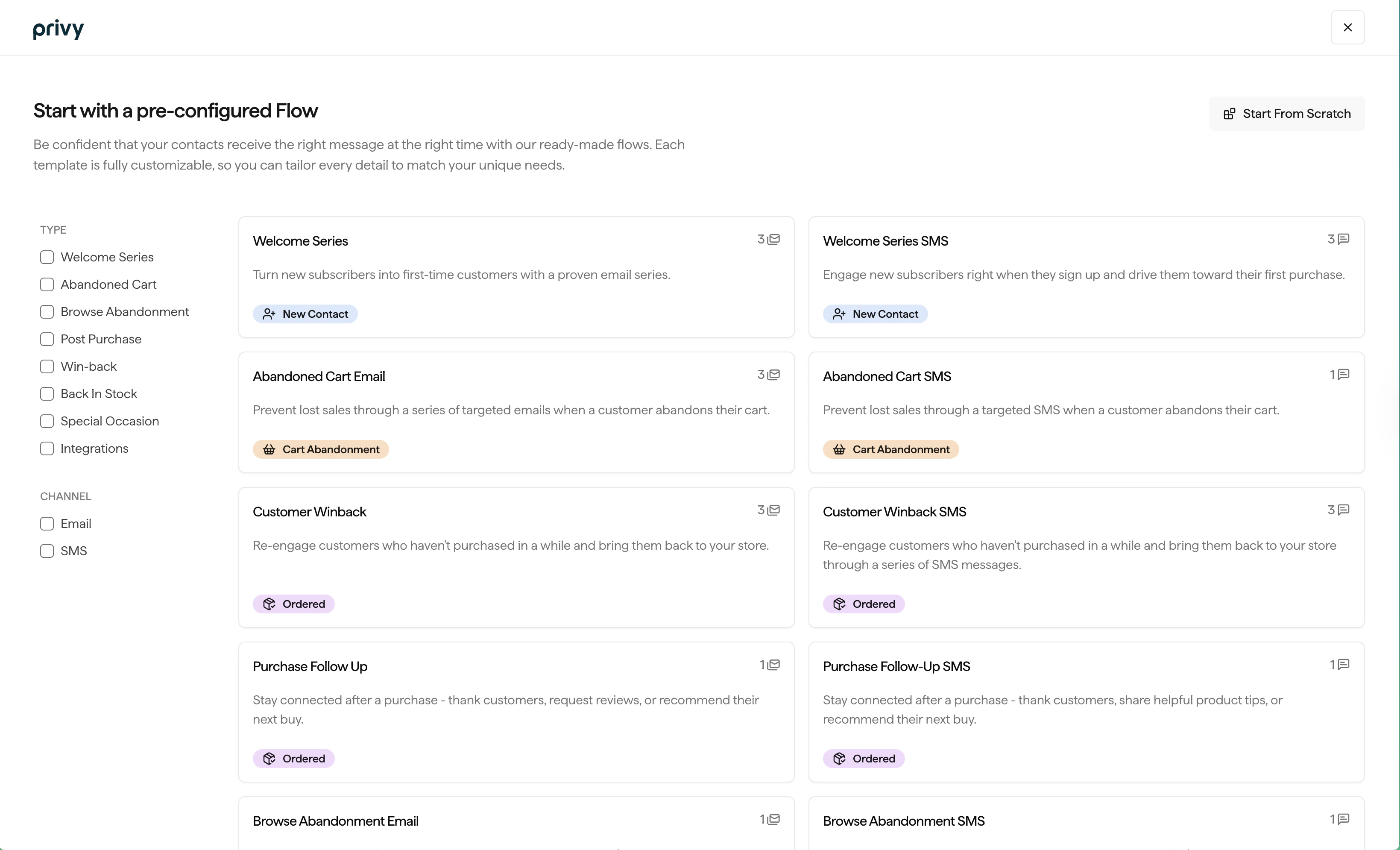Screenshot showing the flow template picker with all available flow templates