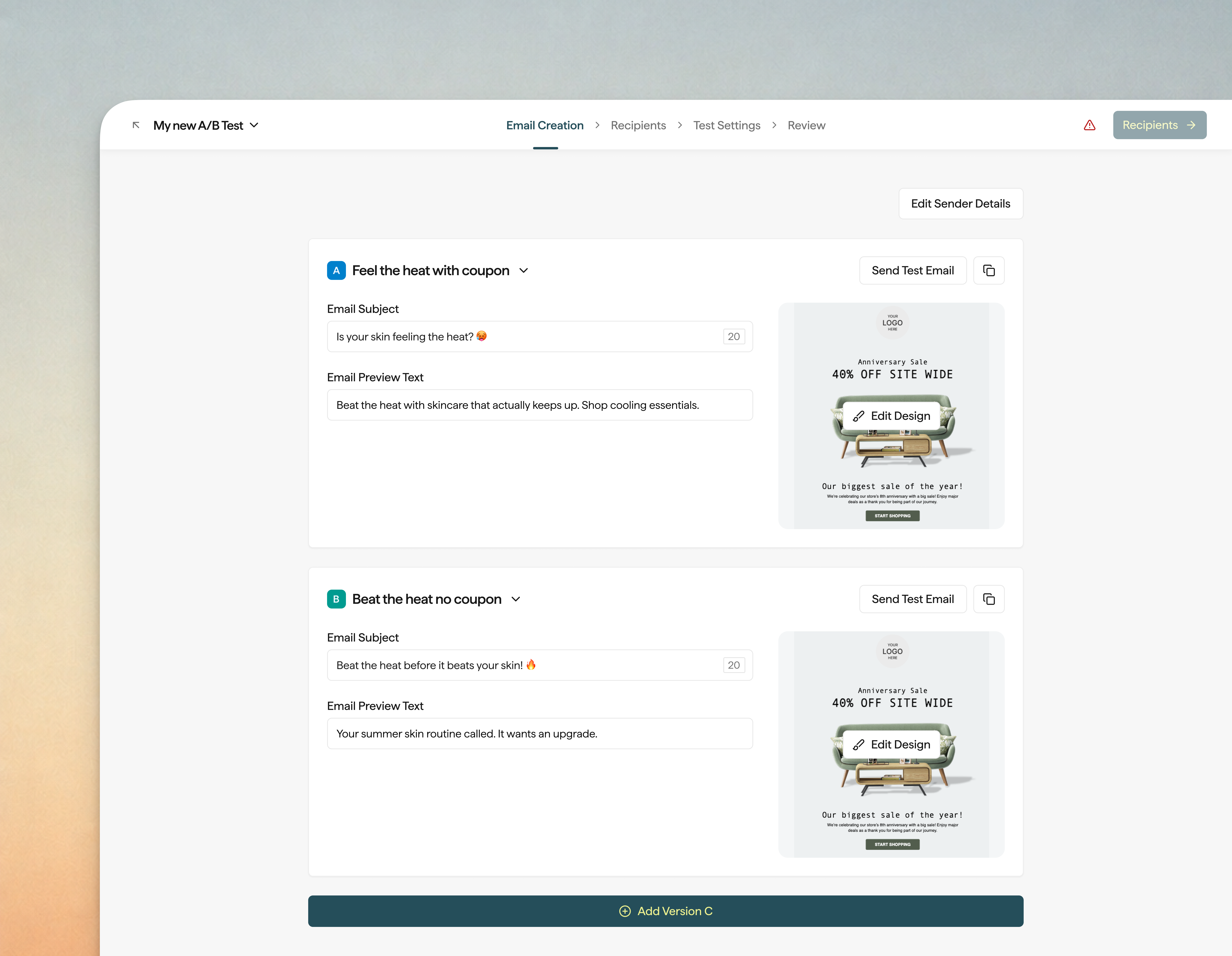 Screenshot of Email Creation in an email campaign A/B test