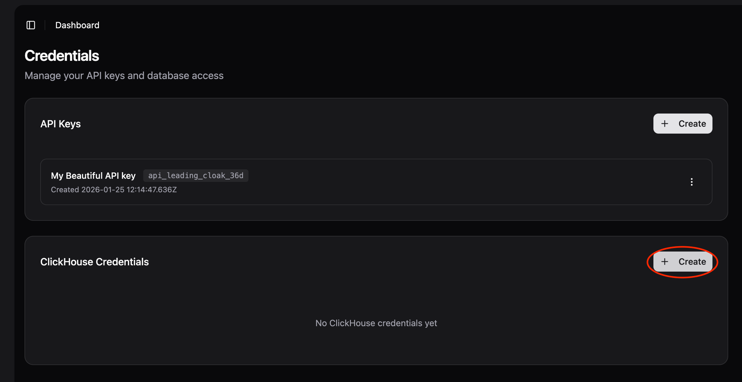 Click Create ClickHouse Key