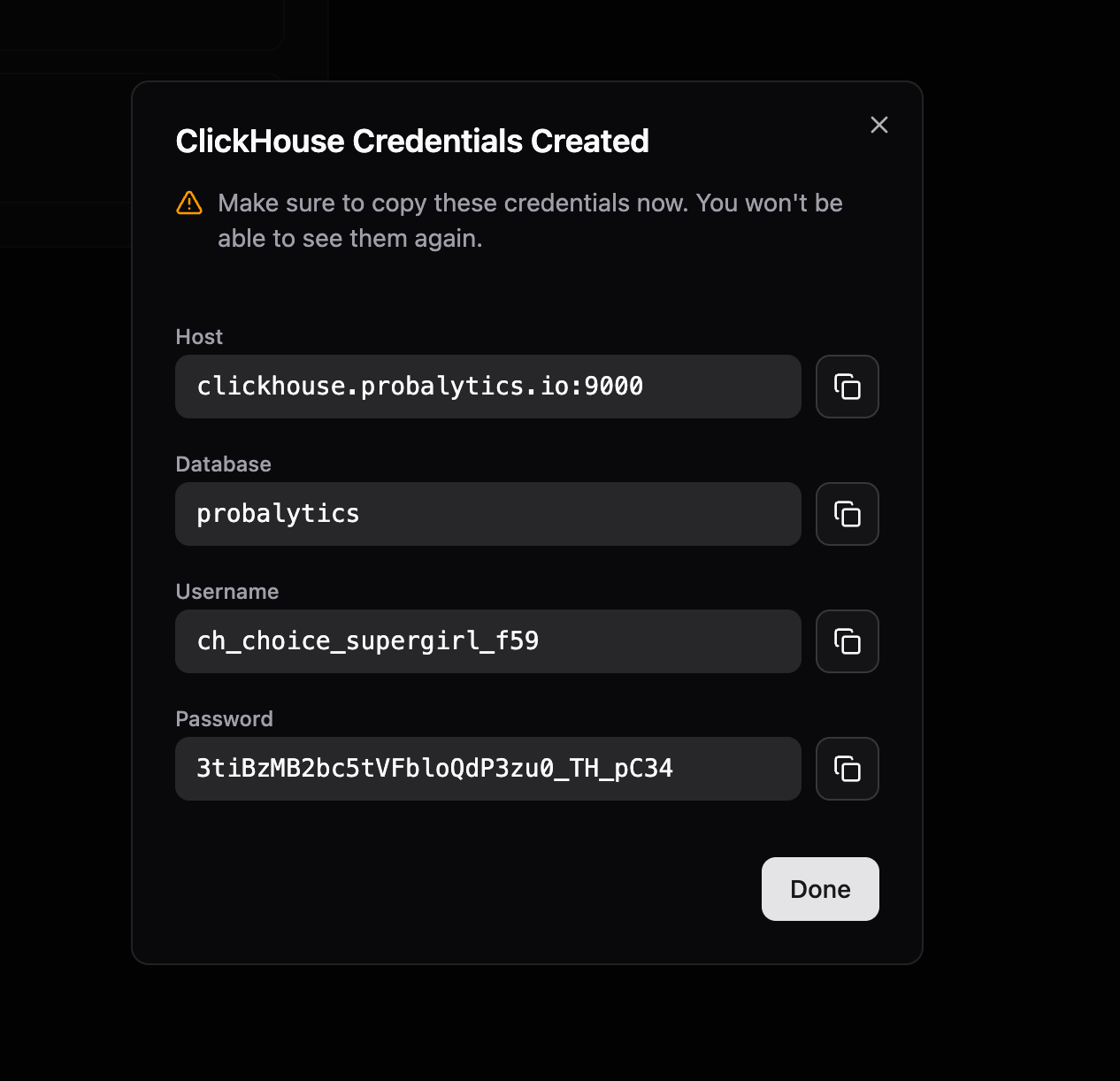 Copy ClickHouse Credentials