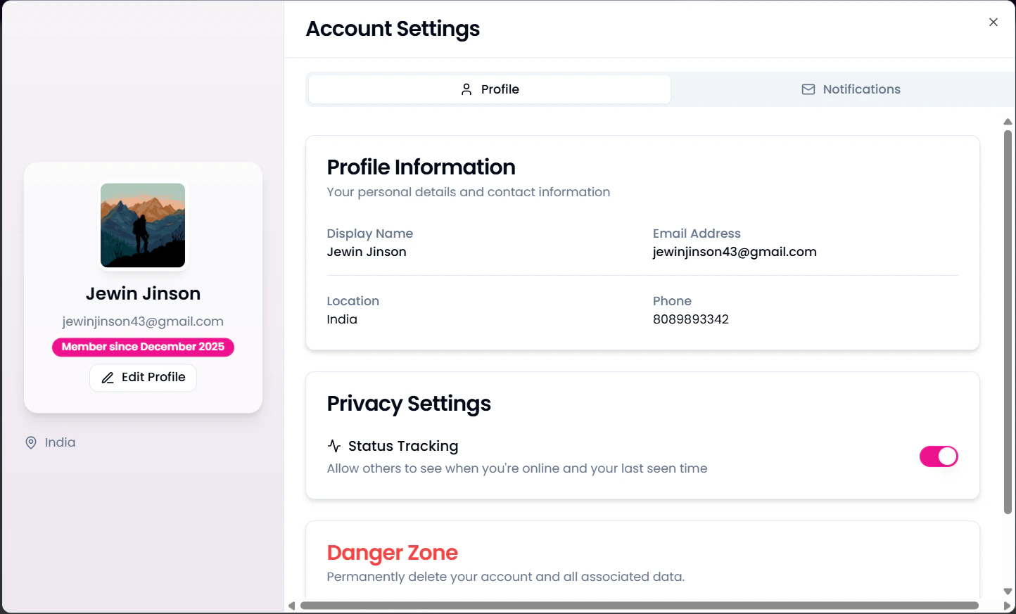 Profile section in Account Settings