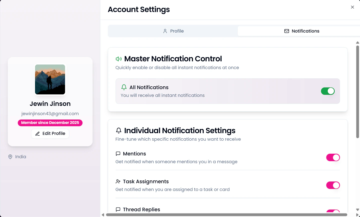 Profile section in Account Settings