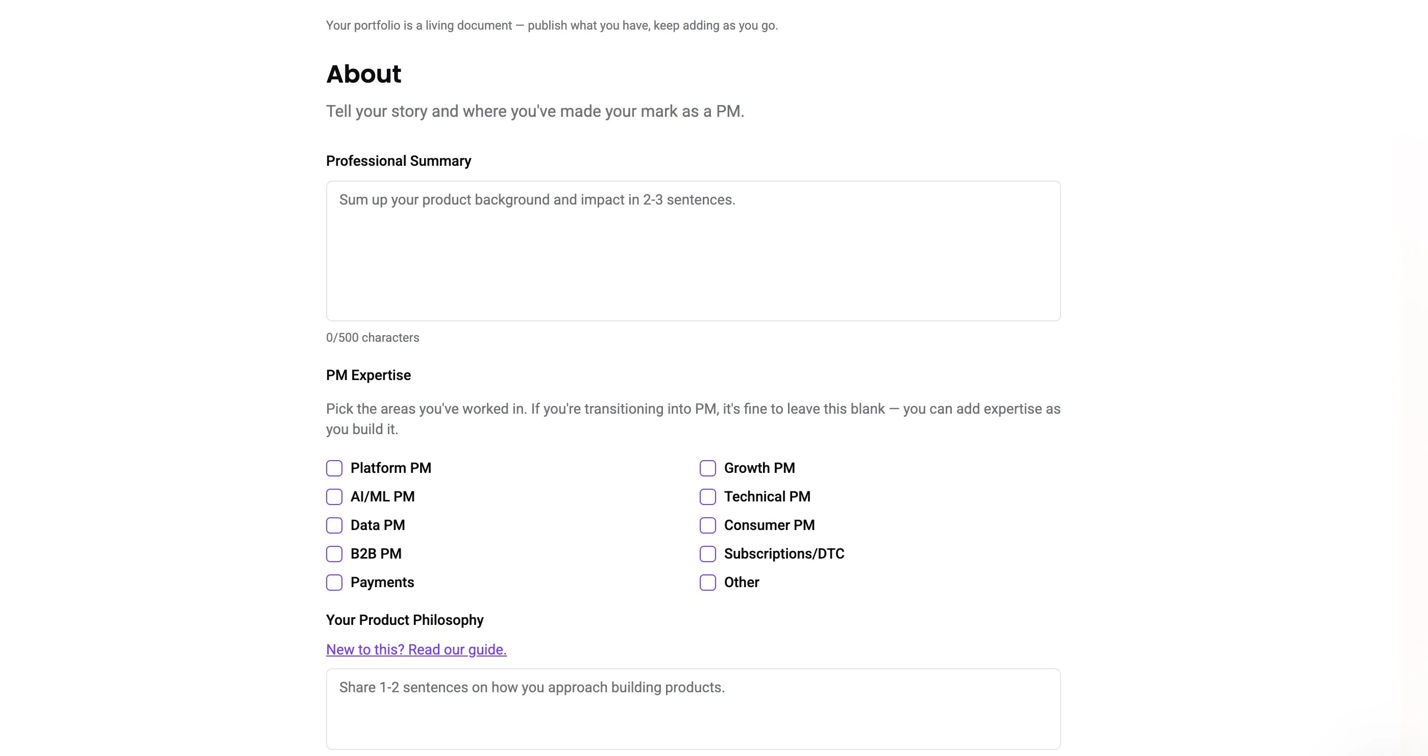 About section in the portfolio builder