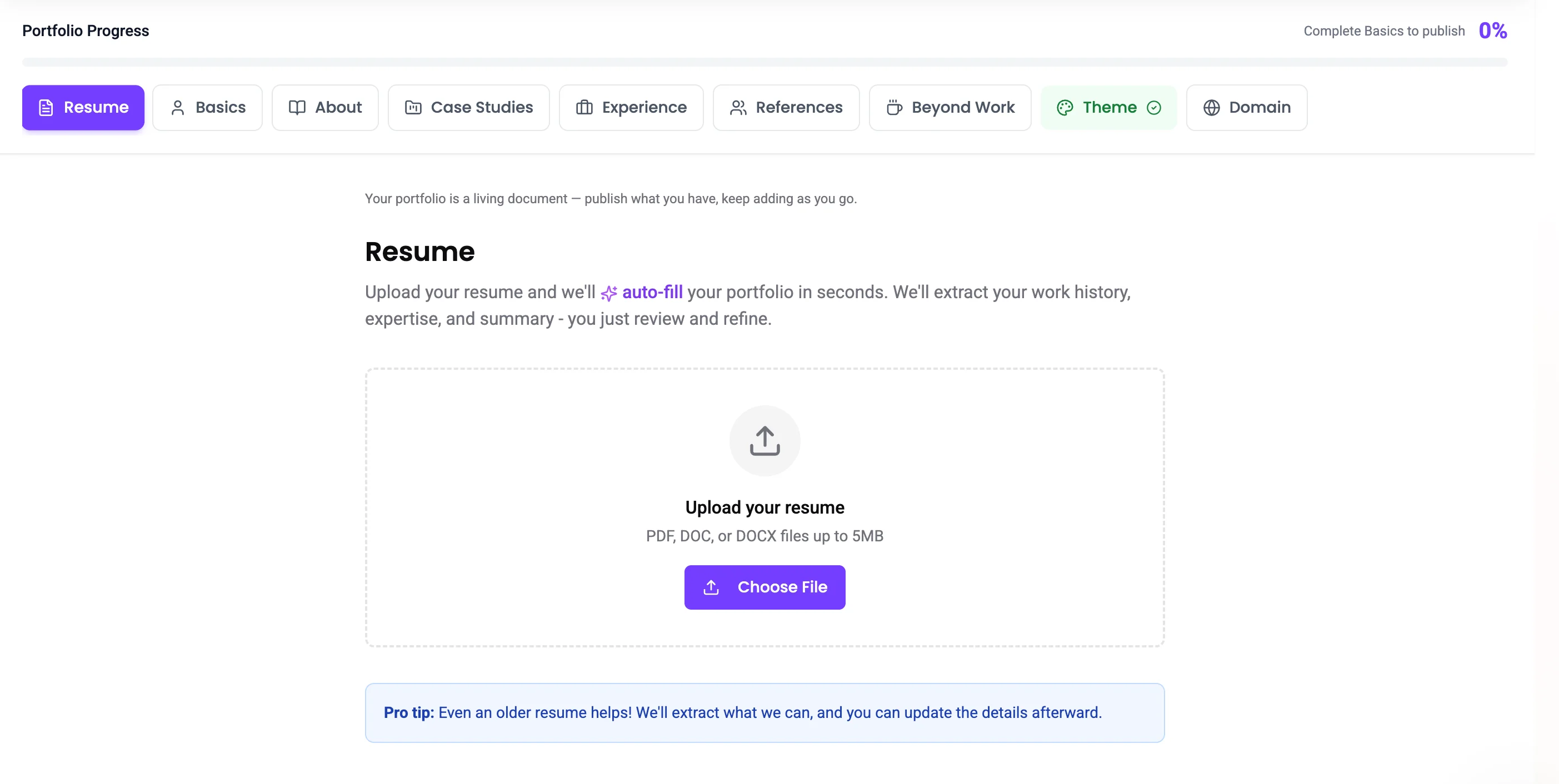 Resume upload in the portfolio builder