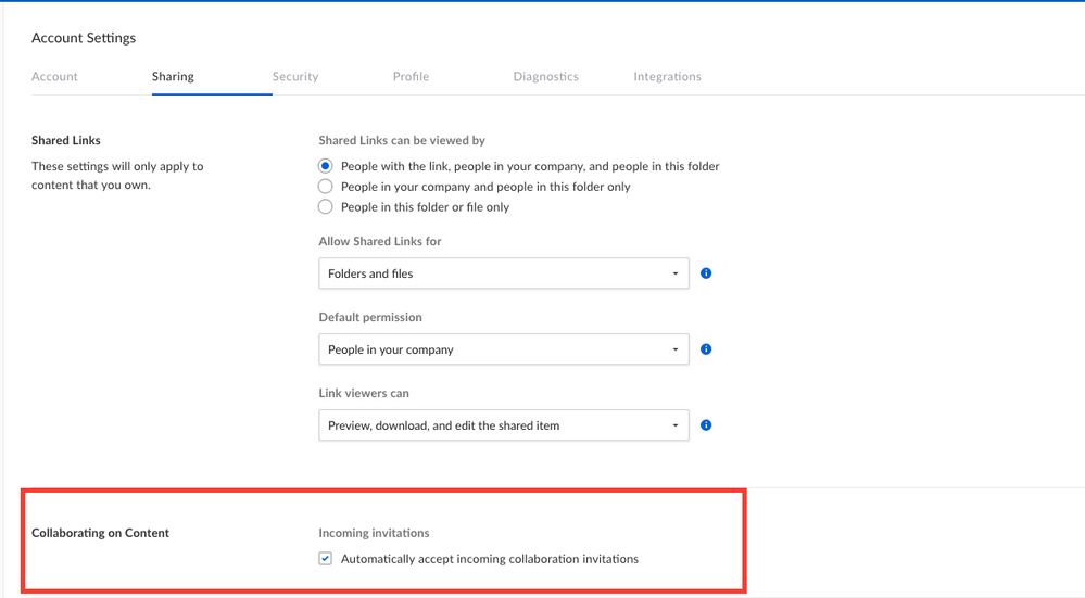 Account Settings Sharing tab with Incoming invitations checkbox in Collaborating on Content.
