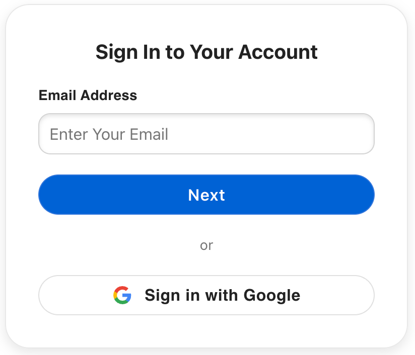 Sign In to Your Account dialog with Email Address field, Next button, and Sign in with Google.
