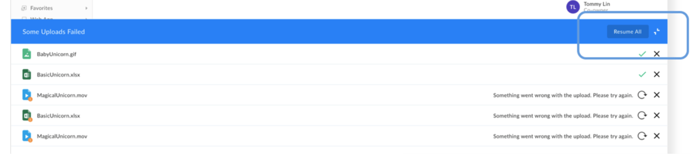 Uploads Manager showing failed uploads with Resume All button highlighted.