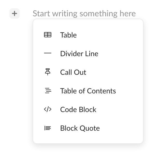 Box Notes editor showing the plus button and inline menu for inserting tables, callouts, code blocks, and other content blocks.