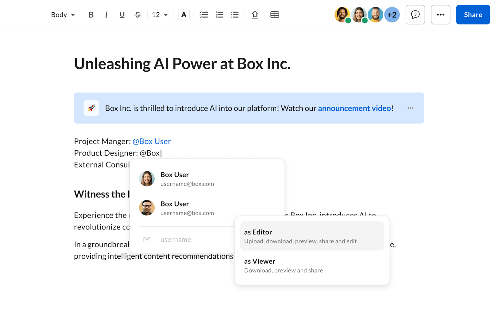 Box Note @mention dropdown with Editor or Viewer permission options for Box User.
