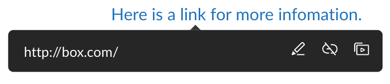 Hyperlink popover on blue linked text showing http://box.com/ with edit, unlink, and copy icons.