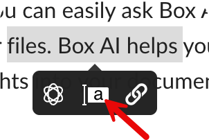 Selected text toolbar with Box AI icons; red arrow points to the text prompt icon.