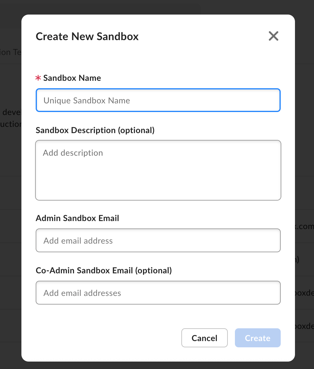 Create New Sandbox modal with fields for sandbox name, description, and admin email addresses.