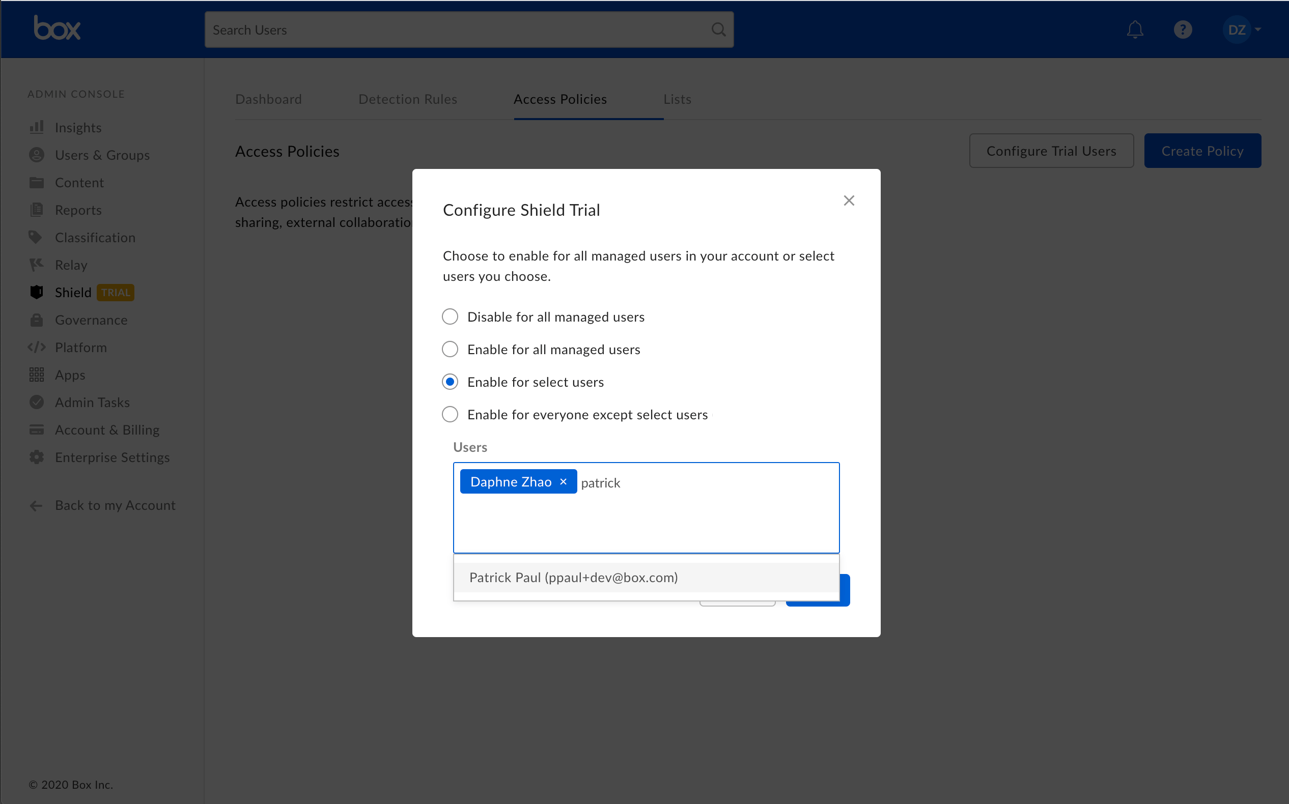 Configure Shield Trial modal with Enable for select users selected and users being searched and added.